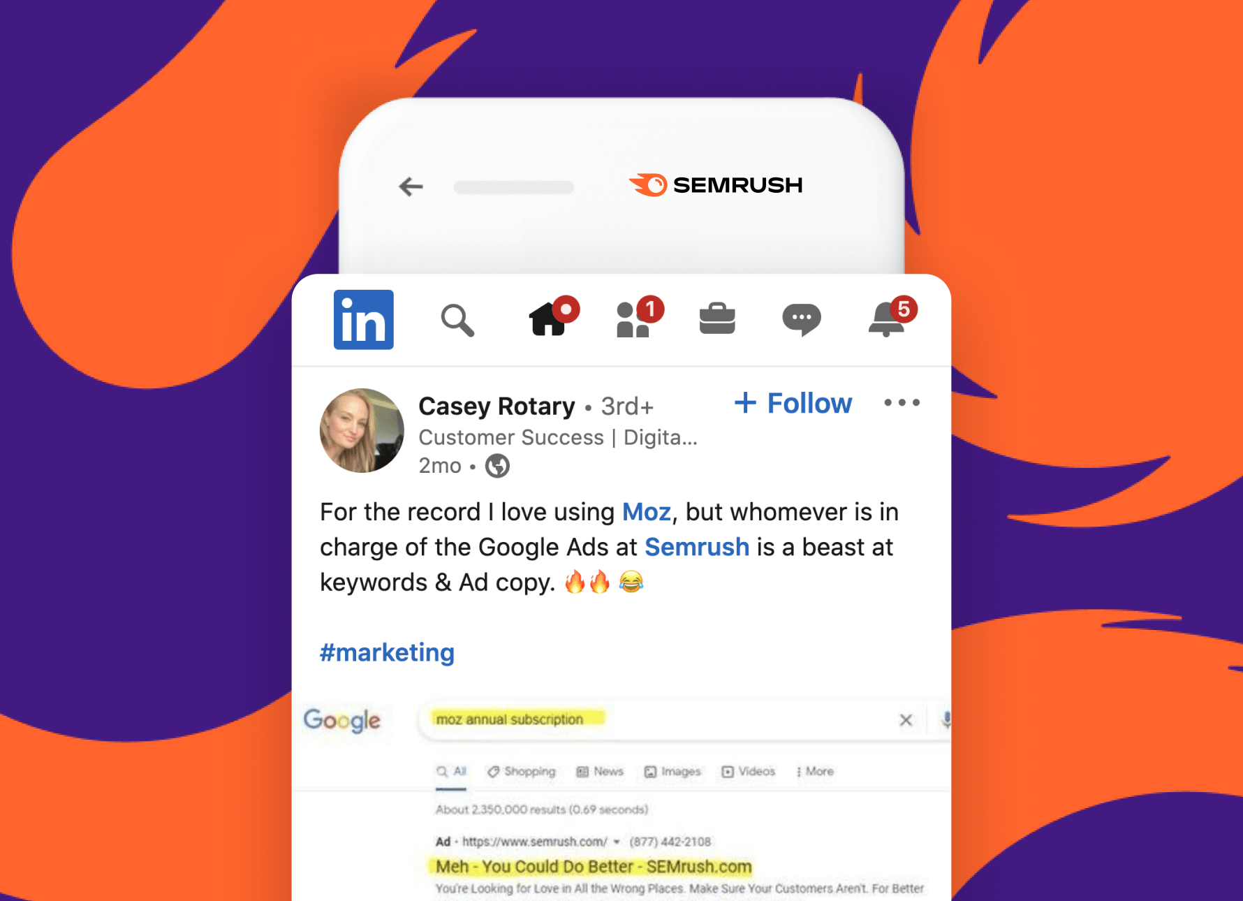 LinkedIn post referring to paid social work Walker Sands created for Semrush