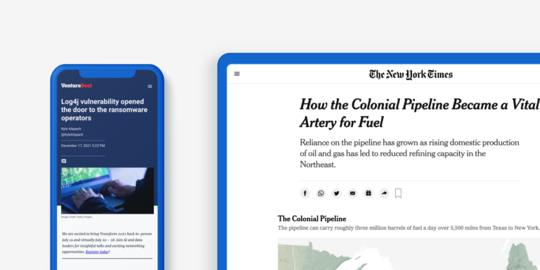 VentureBeat and New York Times articles about cybersecurity and the Colonial Pipeline