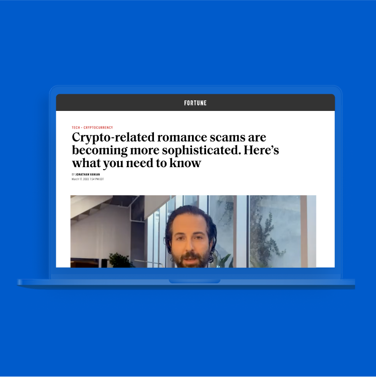 Rendering of laptop displaying Fortune article titled "Crypto-related romance scams are becoming more sophisticated. Here's what you need to know"