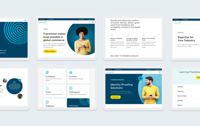 several examples of TransUnions redesigned website displayed in a grid 