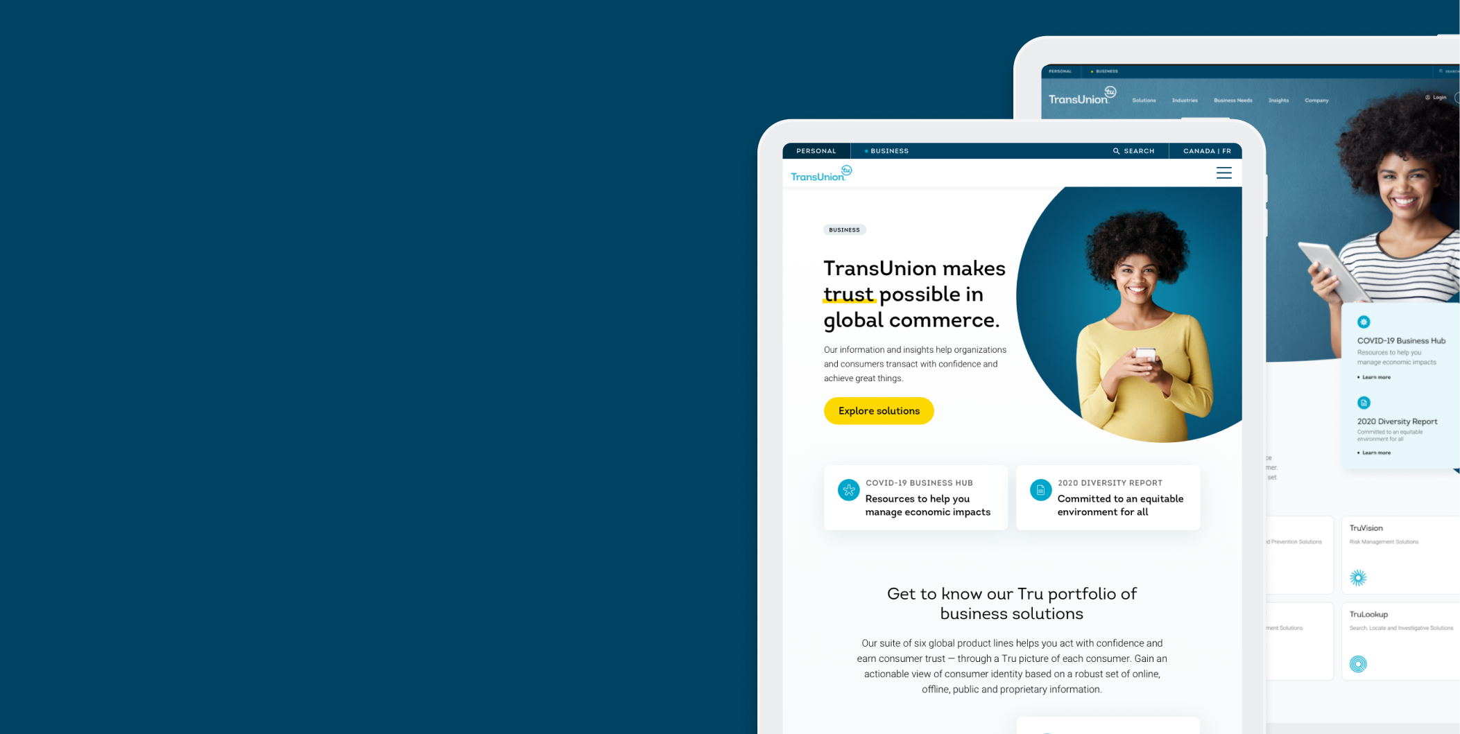 two screenshots of TransUnions website displayed on ipads 