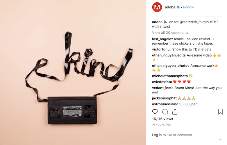 Screenshot of an Adobe Instagram post of a VCR tape spelling out the word "kind"