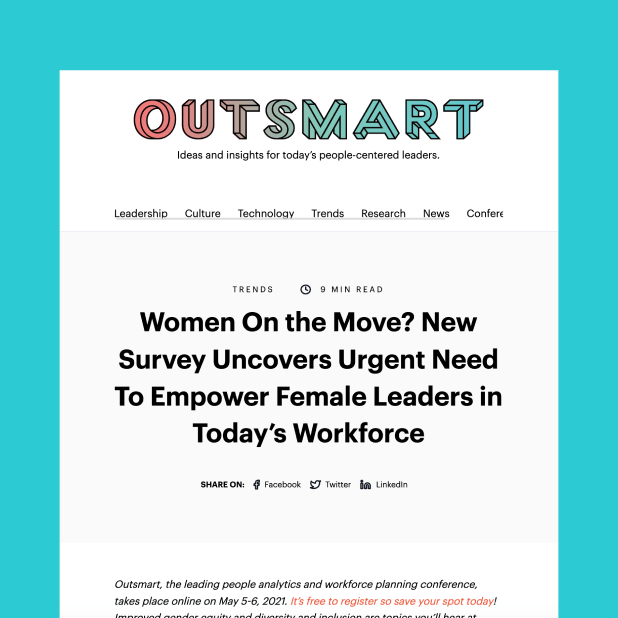 A webpage titled "Outsmart: Ideas and insights for today's people-centered leaders" showing a blog post titled "women on the move? new survey uncovers urgent need to empower female leaders in today's workforce."