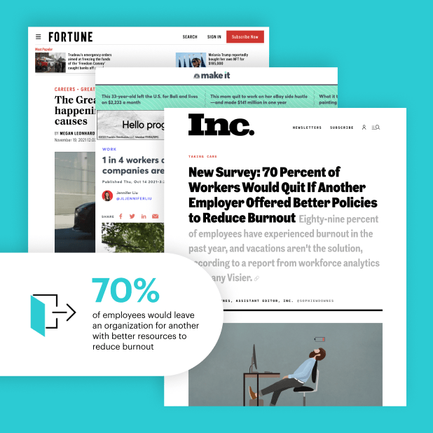 Screenshots of Fortune, NBC and INC. media placements for Visier. The Inc placement has the headline "new survey: 70 percent of workers would quit if another employer offered better policies to reduce burnout."