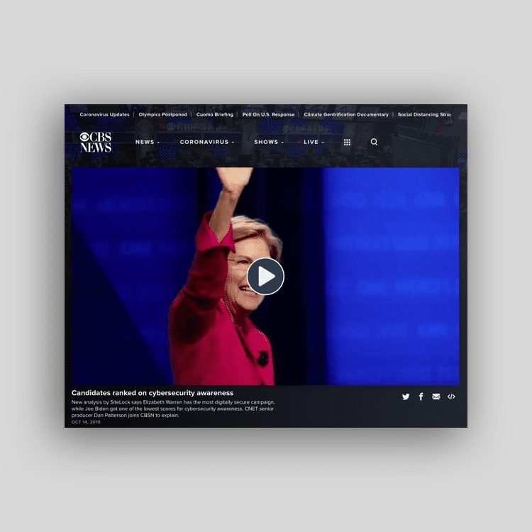 A still from a CBS News video of Elizabeth Warren titled "Candidates ranked on cybersecurity awareness" 