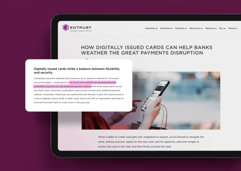 Screenshot of Entrust blog post titled "how digitally issued cards can help banks weather the great payments disruption"