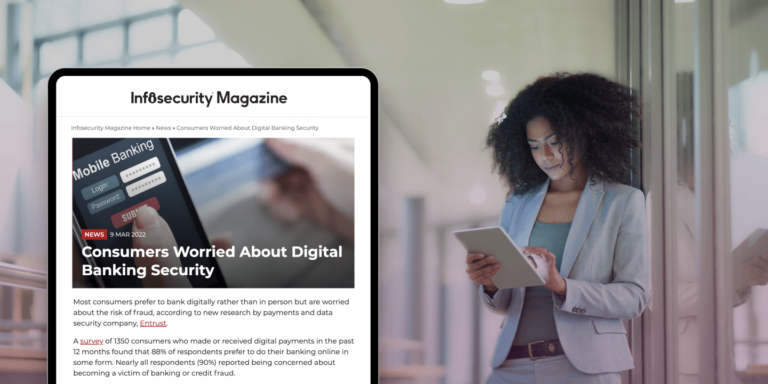 Rendering of device with infosecurity magazine article titled "consumers worried about digital banking security" and woman off to the side reading the article
