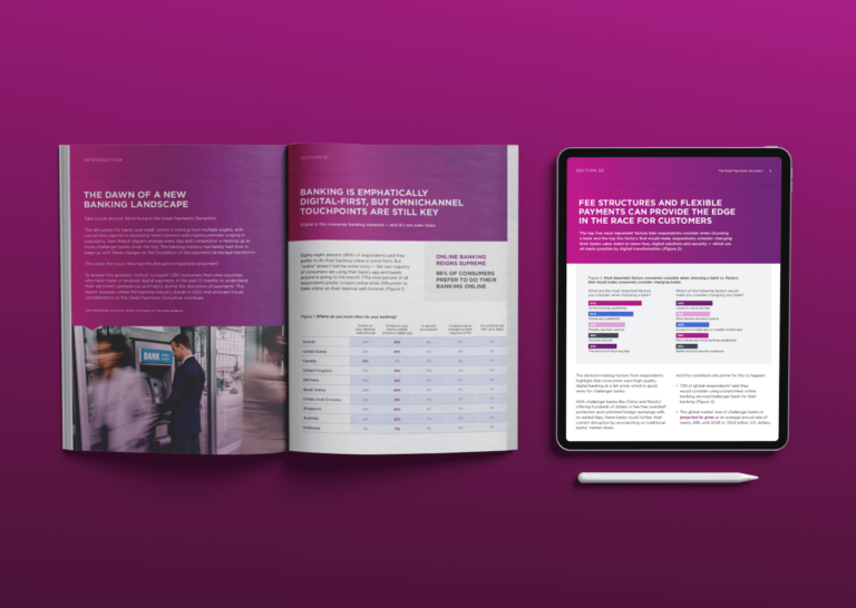 Renderings of Entrust report against a purple background, one in a physical book format and one on a smart device screen
