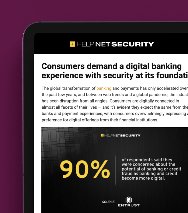 rendering of device displaying help net security article featuring entrust data