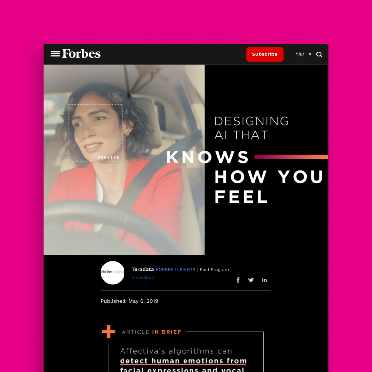 Screenshot of an Affectiva placement in Forbes with the headline "Designing AI That Knows How You Feel"