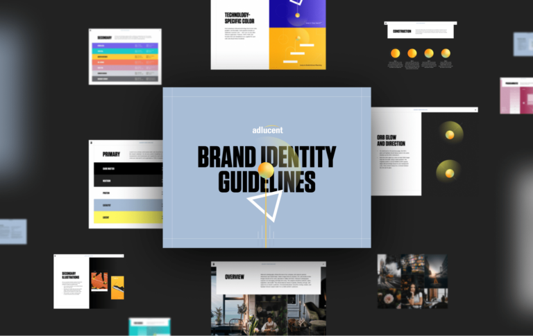 the cover page and several pages of the adlucent brand identity guidelines