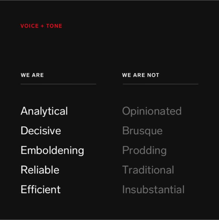 a page from the insider intelligence brand guidelines reading "voice and tone: we are analytical, decisive, emboldening, reliable, efficient. we are not opinionated, brusque, prodding, traditional, insubstantial."