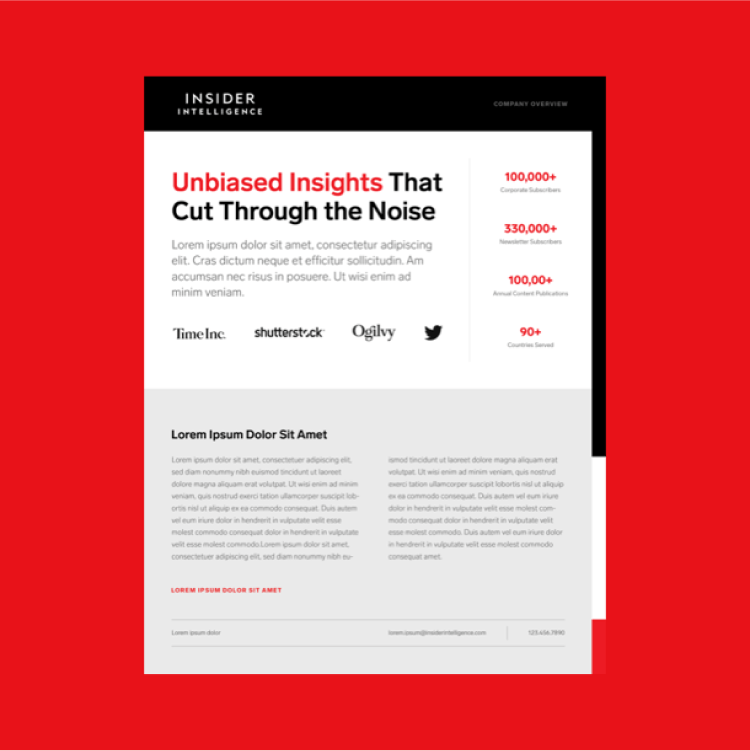 a one-sheeter with red, black and white insider intelligence branding titled "unbiased insights that cut through the noise"