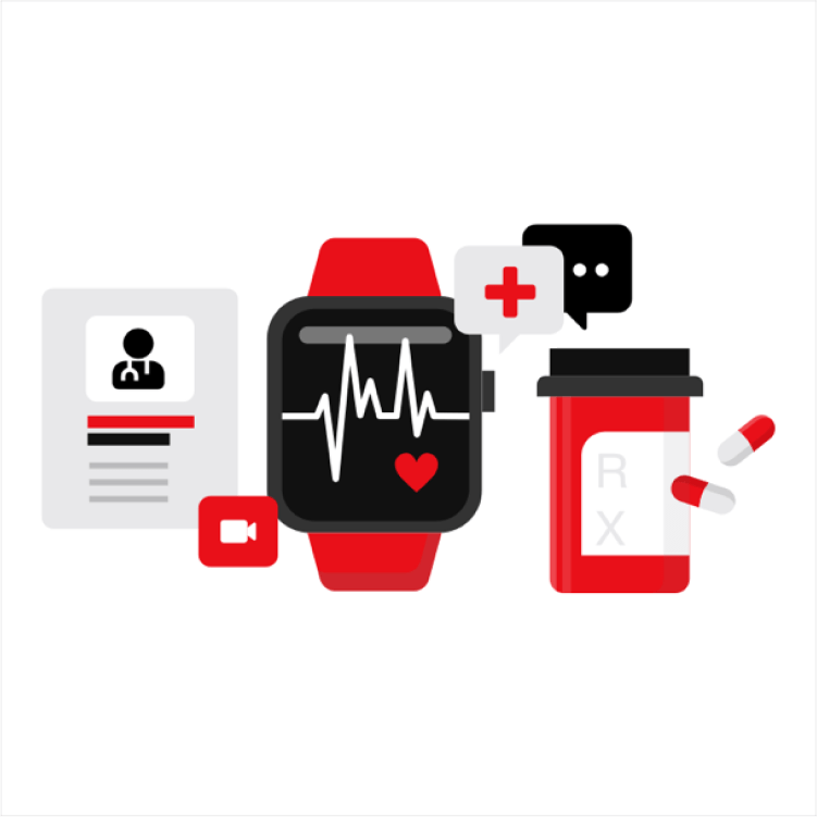 a collage of red, white and black healthcare-related graphics including a heart rate monitor and prescription bottle with pills
