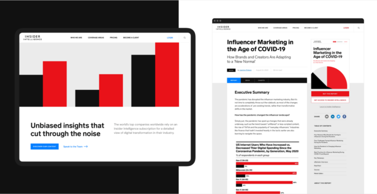 a tablet displaying insider intelligence's website homepage with the tagline "unbiased insights that cut through the noise" and a landing page for a report titled "influencer marketing in the age of COVID-19"