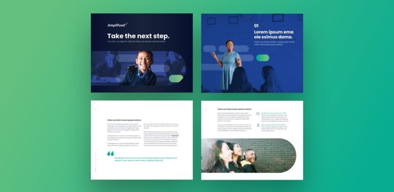 pages from a report titled Take the Next step using the new amplifund branding