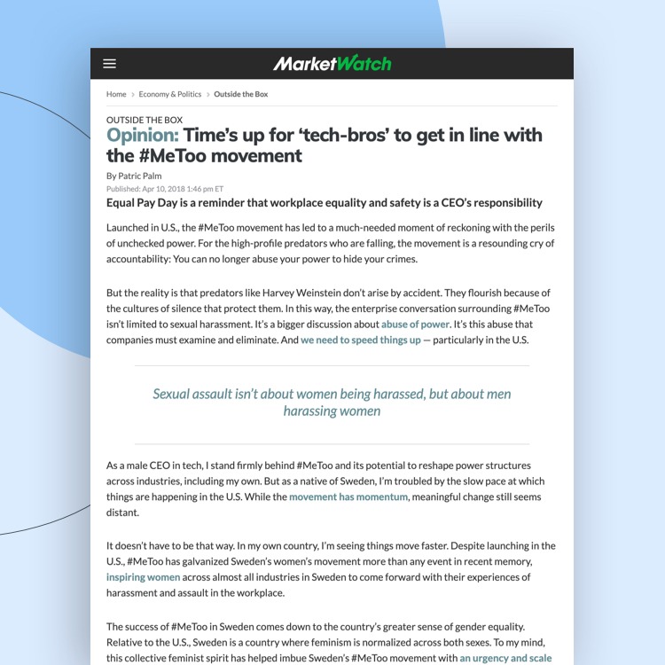 Screenshot of MarketWatch article titled: "Opinion: Time's up for 'tech-bros' to get in line with the #MeToo movement"