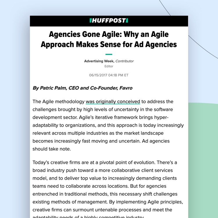 screenshot of HuffPost article titled "Agencies Gone Agile: Why an Agile Approach Makes Sense for Ad Agencies"