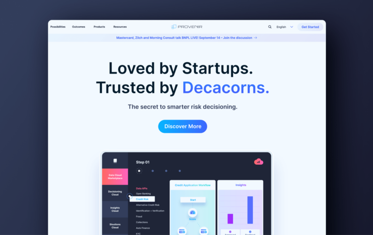 Screenshot of revamped Provenir website displaying a web page that says "Loved by Startups. Trusted by Decacorns."