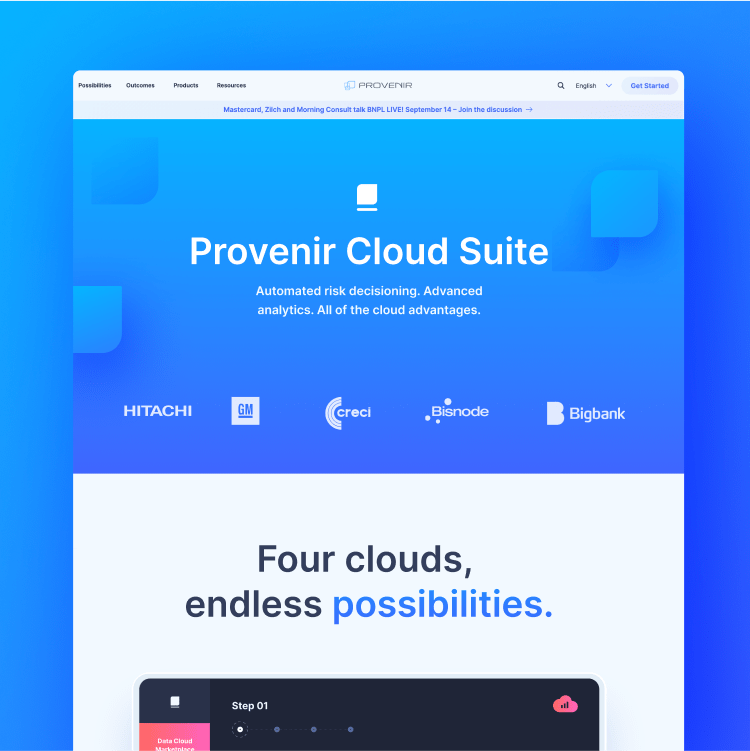 Screenshot of revamped Provenir website displaying a web page titled "Provenir Cloud Suite"
