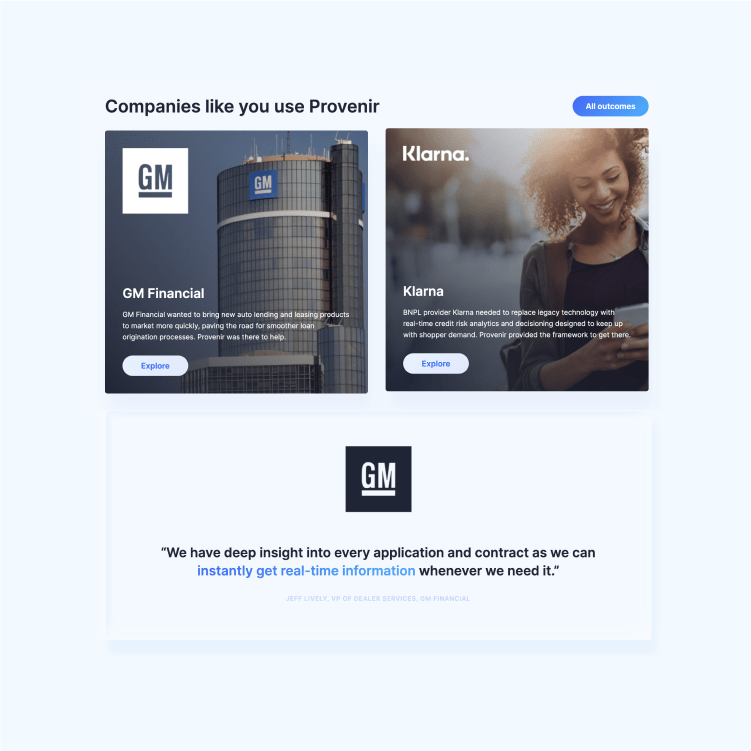 Ad that says "Companies like you use Provenir" with two blocks showcasing GM Financial and Klarna. A quote from someone at GM lies below these blocks that reads "We have deep insight into every application and contract as we can instantly get real-time information whenever we need it."
