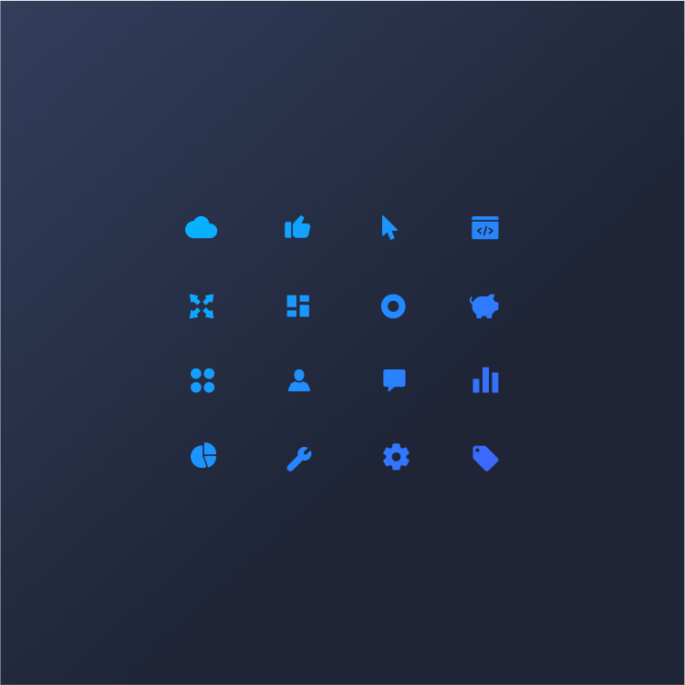 light blue logos of a cloud, thumbs up, settings gear and more against a dark blue background to showcase the custom illustrations Walker Sands designed for Provenir