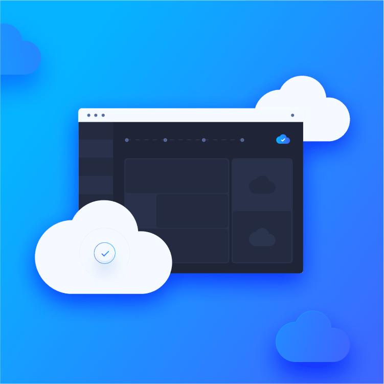 custom illustration for Provenir's new branding of a desktop window with white clouds hovering on top of and behind it, all against a blue background