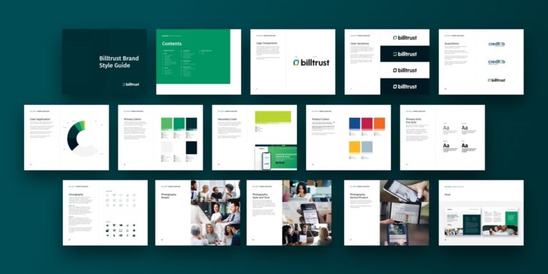 pages of the billtrust brand style guide, including brand colors and fonts