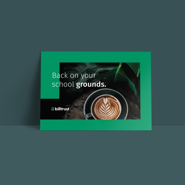 a card reading "back on your school grounds" with a picture of a latte