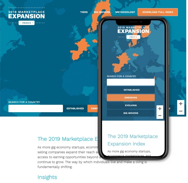 rendering of smartphone and desktop version of Hyperwallet microsite for its 2019 marketplace expansion index