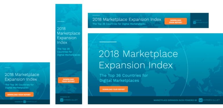 four renderings of Hyperwallet's microsite with a CTA to download the report, the 2018 Marketplace Expansion Index