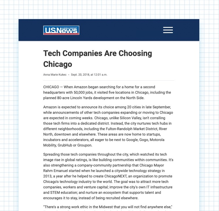 U.S. News and World Report article titled "Tech Companies Are Choosing Chicago"