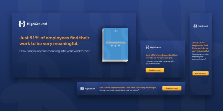rendering of HighGround CTA to read their report with the statistic "just 51% of employees find their work to be very meaningful"