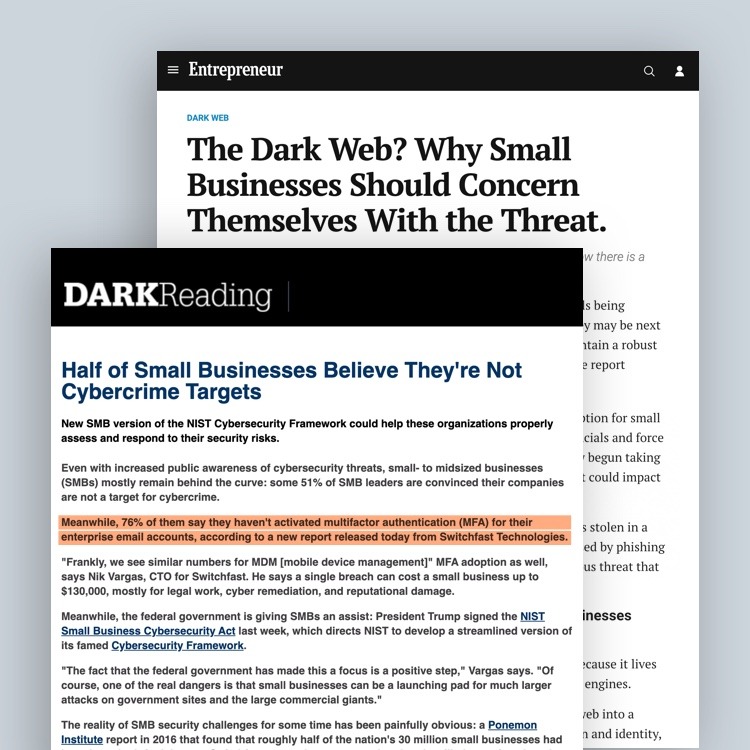 Screenshots of Entrepreneur and Dark Reading articles that mention Switchfast
