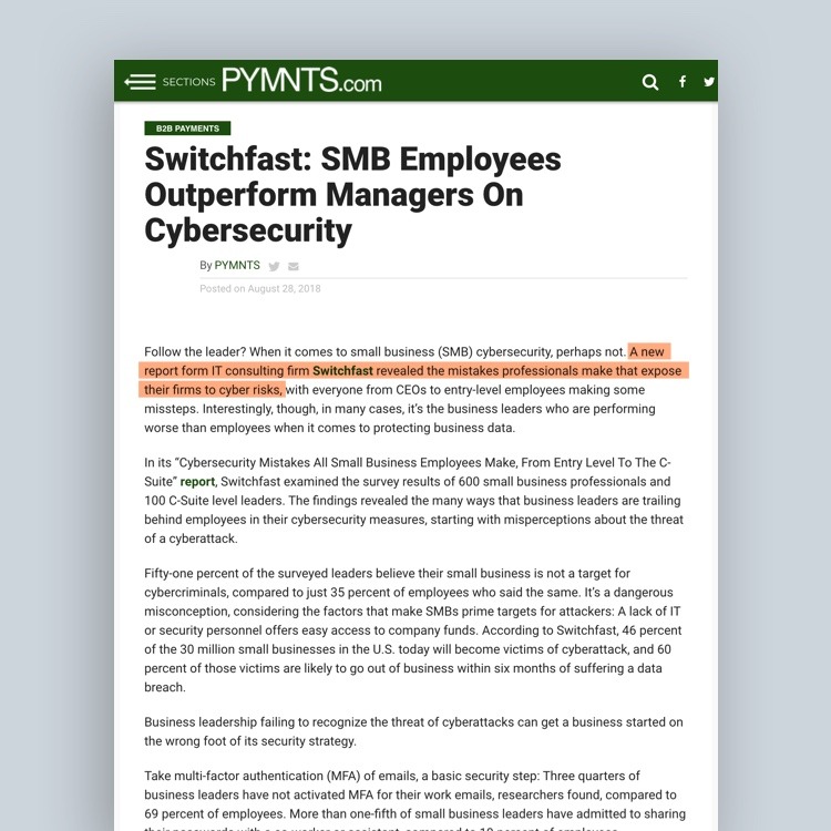 Screenshot of PYMNTS.com article titled "Switchfast: SMB Employees Outperform Managers on Cybersecurity"