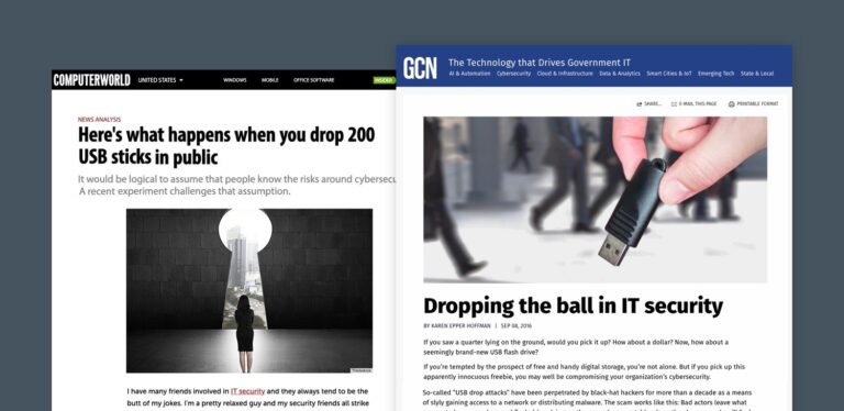 Screenshots of news stories titled "Here's what happens when you drop 200 USB sticks in public" and "Dropping the ball in IT security"
