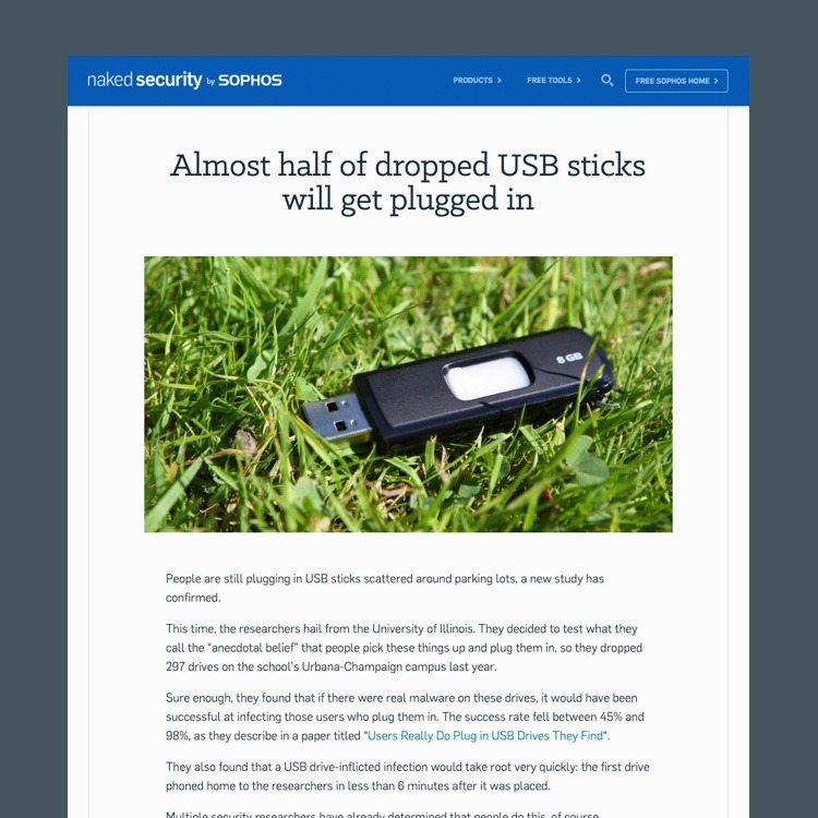 Screenshot of article on naked security by sophos titled "Almost half of dropped USB sticks will get plugged in"