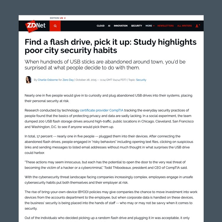 Screenshot of ZDNet article titled "Find a flash drive, pick it up: Study highlights poor city security habits"