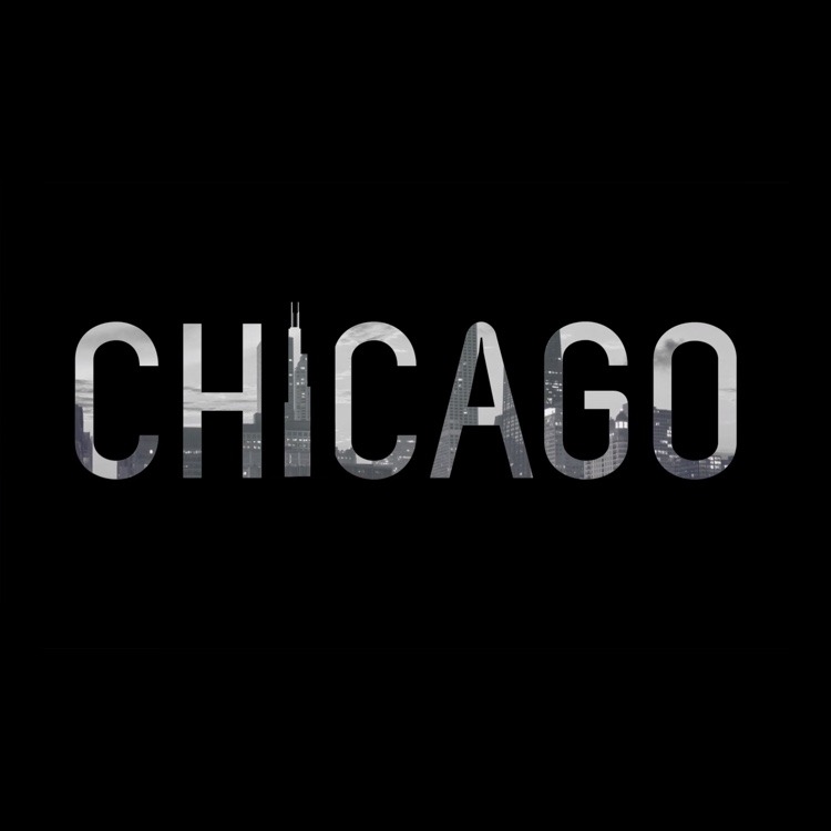 A black and white photo of Chicago, with the word "Chicago" written in white letters across the foreground.