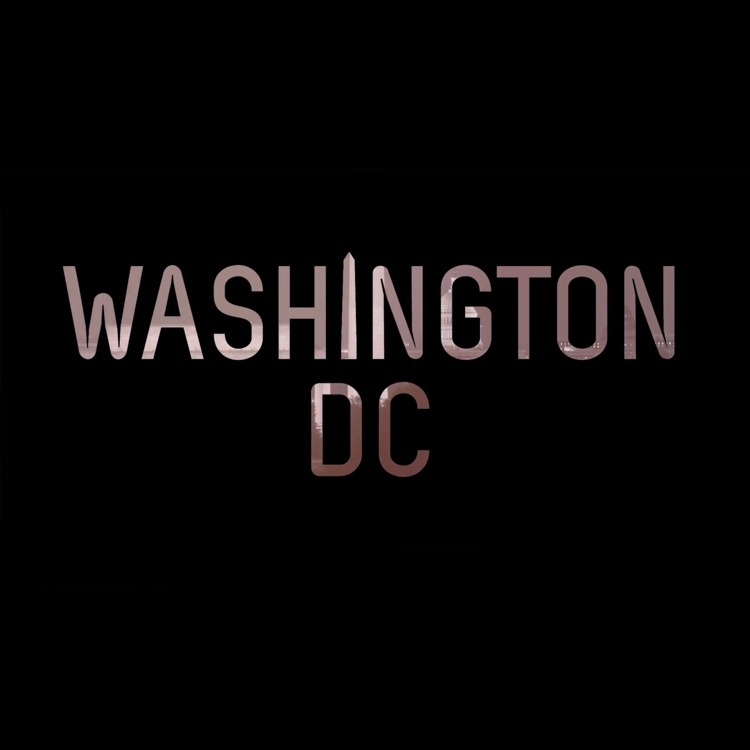 A black and white photo of Washington, D.C., with "Washington DC" written in white letters across the foreground.
