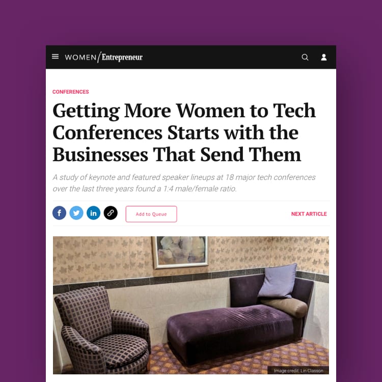an Entrepreneur Women article with the headline "Getting More Women to Tech Conferences Starts with the Businesses That Send Them"