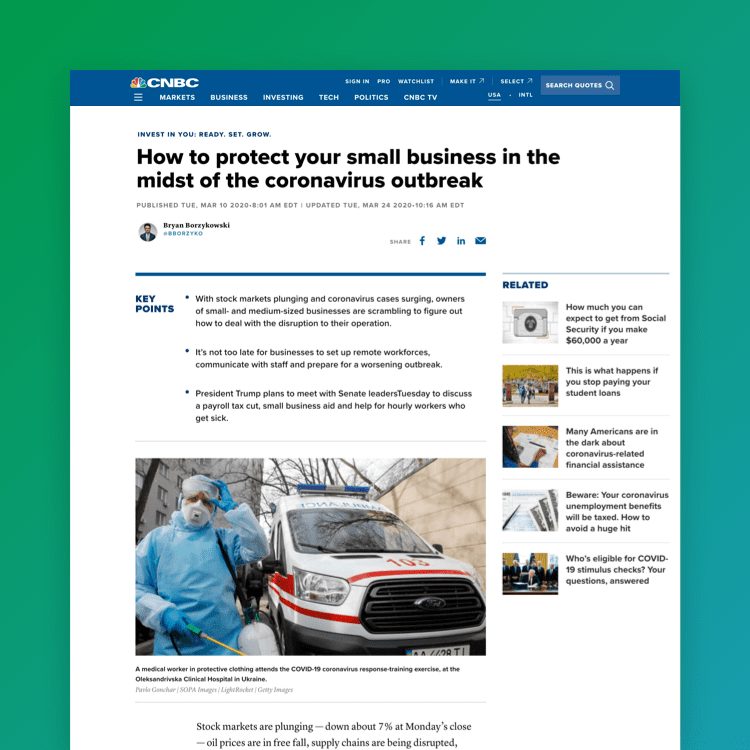 Screenshot of CNBC article titled "How to protect your small business in the midst of the coronavirus outbreak"