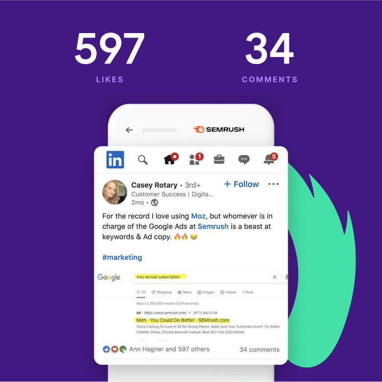 LinkedIn post that reads "For the record, I love using Moz, but whomever is in charge of the Google Ads at Semrush is a beast at keywords & ad copy" with 597 likes and 34 comments