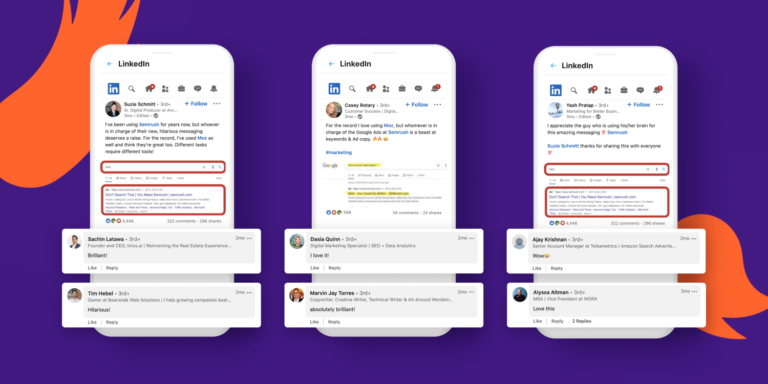 Rendering of LinkedIn posts mentioning semrush with a purple background and orange shapes