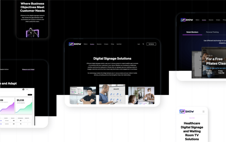 Renderings of desktop and mobile device screens displaying revamped UPshow website