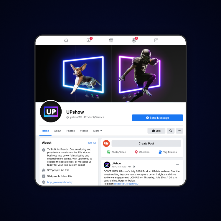 Screenshot of UPshow Facebook page with revamped branded header image
