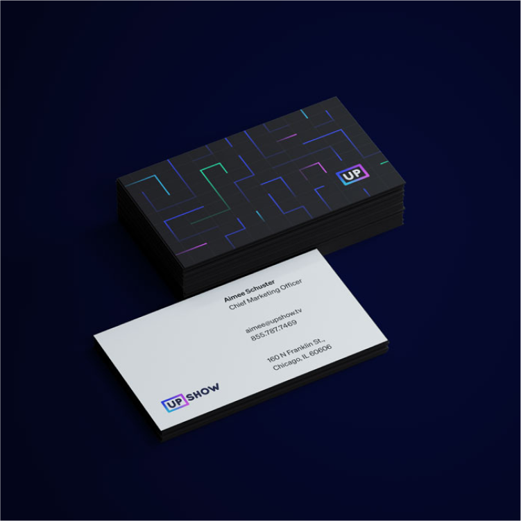 Rendering of UPshow business card with revamped branding