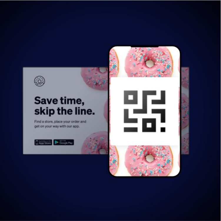 UPshow banner with doughnuts that reads "Save time, skip the line." with a QR code