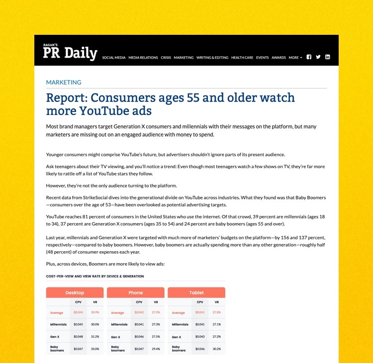 PR Daily article with the headline "Report: Consumers ages 55 and older watch more YouTube ads"