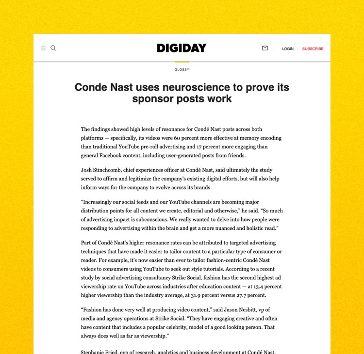 a Digiday article with the headline "Conde Nast uses neuroscience to prove its sponsor posts work"